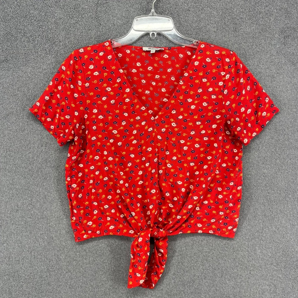 Madewell Tie Front Top Womens Small Red Floral V-Neck Short Sleeve Cropped Boho